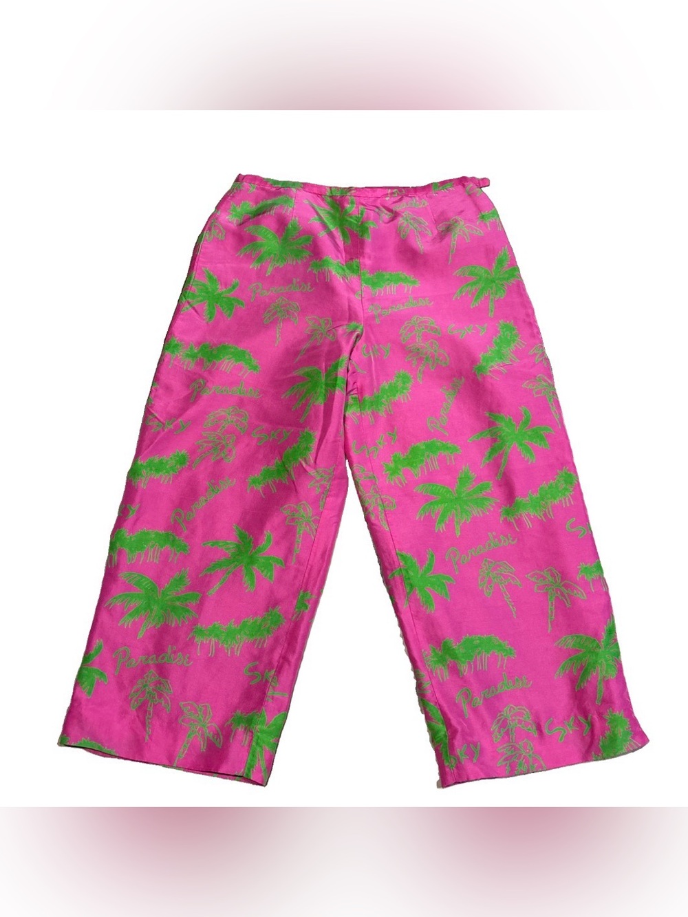 Silk Club Collection Pants Bright Pink Lime Palm Trees 100% Silk Size 14
